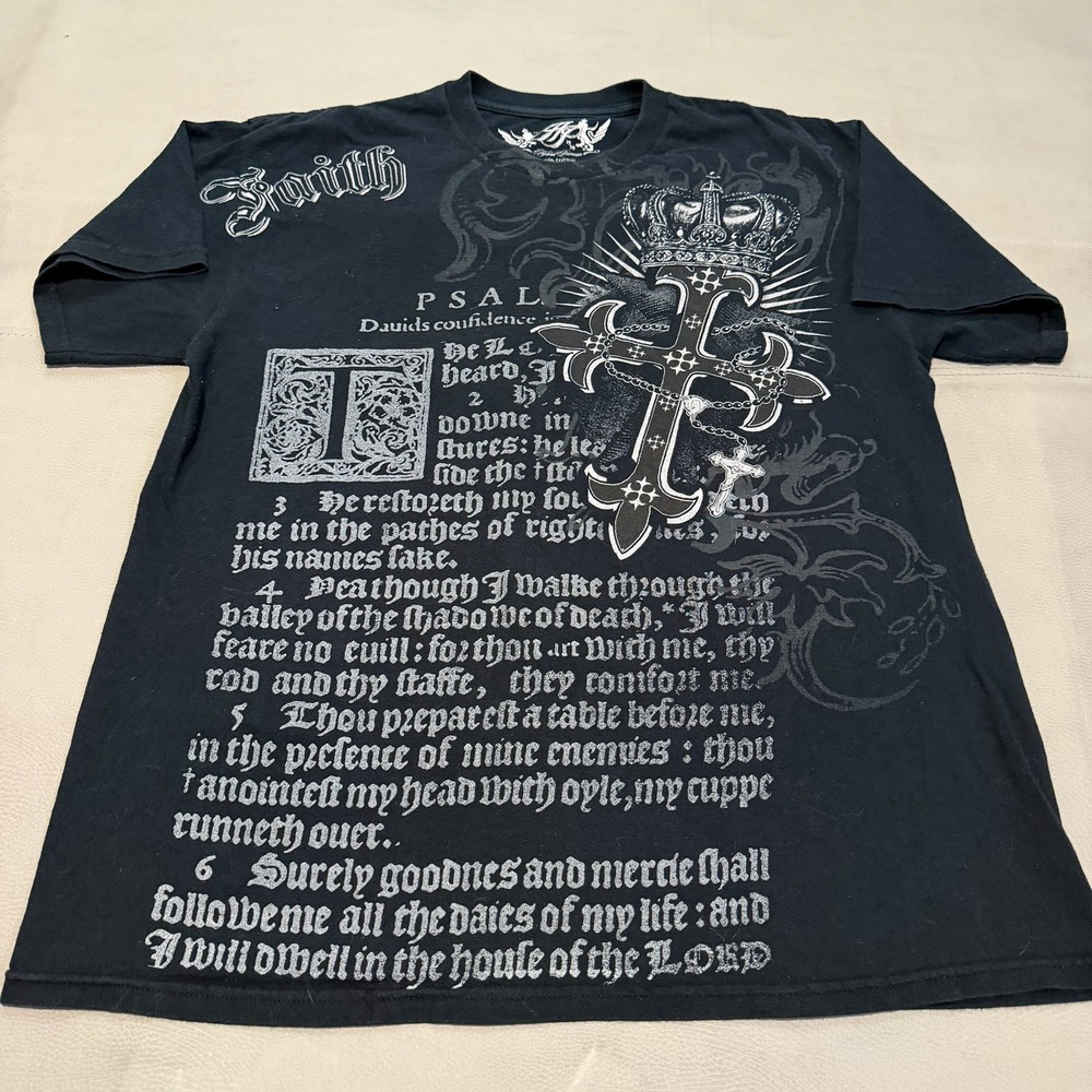 VTG Y2K Mens Cross Angel Wing Skate Emo Bible T-Shirt Black Double AOP-M-6753 - Picture 3 of 8